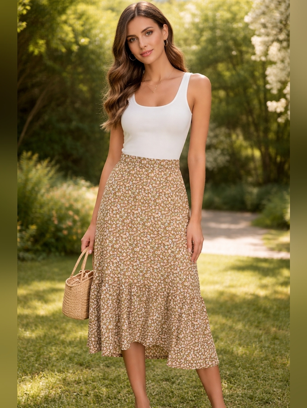 Altar'd State Brown Floral High Low Ruffle Maxi Boho Skirt Size Large - Picture 2 of 15